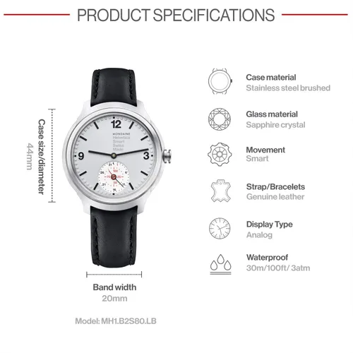 Vista 3 de Mondaine Smartwatch Helvetica No1 Reloj de pulsera para hombre MH1B2S80LB de fabricación suiza correa de piel negra caja de acero inoxidable