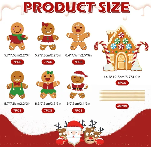 Vista 2 de AnyDesign 48 adornos de Navidad para cupcakes con palos y punta de pegamento, 7 diseños de hombre de jengibre, lindos adornos de comida de Navidad
