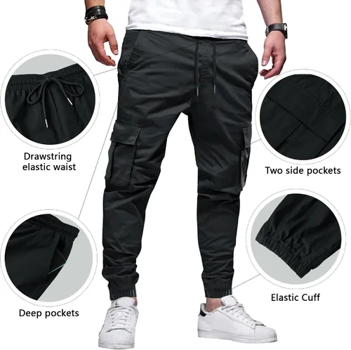 Vista 3 de LVCBL Pantalones cargo de algodón para hombre con cordón en la cintura, pantalones cargo ajustados