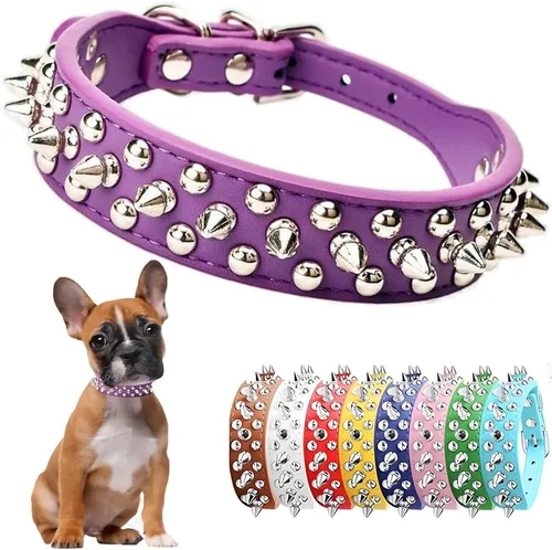 Vista 13 de Collar de perro con púas para perros pequeños, a prueba de masticación, collar de púas para perros y gatos, de piel sintética, con remaches