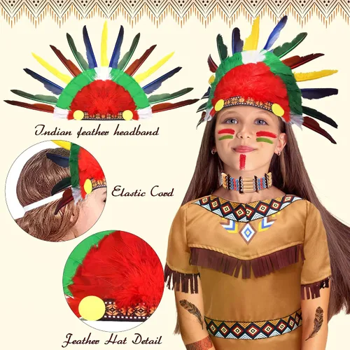 Vista 4 de Latocos 6 Pcs Girls Native American Costume Set Indian Princess Dress Outfit for Kids Cosplay Dress Up Pretend Play