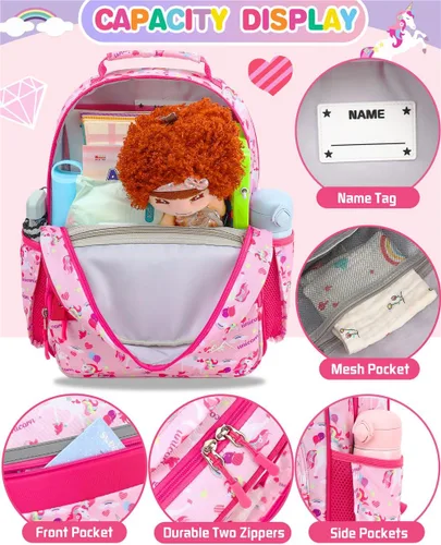 Vista 4 de Mochila para niños y niñas, mochila ligera para niños y niñas, preescolar, primaria, jardín de infantes, Niñas-unicornio rosa, 7L