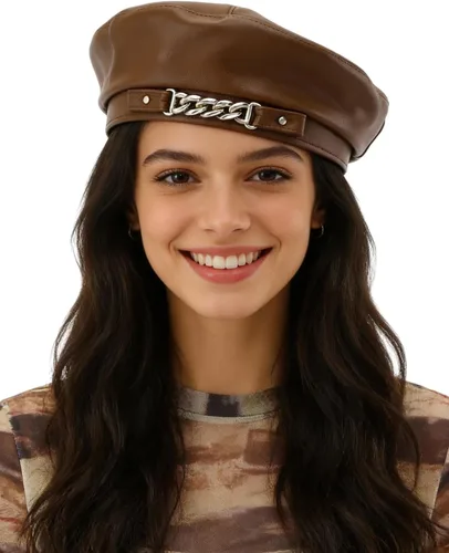 Vista 14 de MINGSEECESS Mujeres PU cuero francés negro boina sombrero Causal Beanie Hat Cinturón-marrón