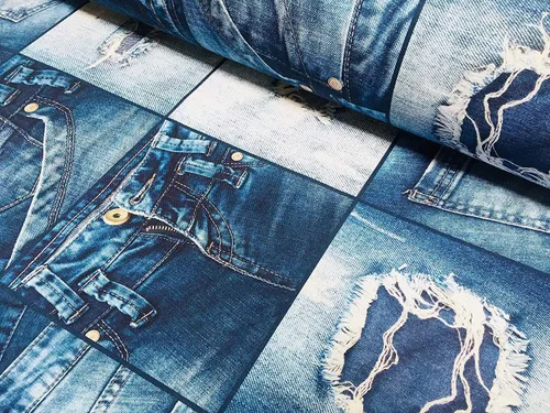Vista 2 de LushFabric Tela de mezclilla con efecto de jeans para decoración de interiores, cortinas, material de algodón con retazos de mezclilla azul, lona