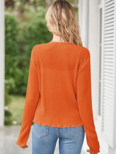 Vista 5 de ZAFUL Blusa plisada de manga larga con cuello en V profundo y lazo frontal para mujer