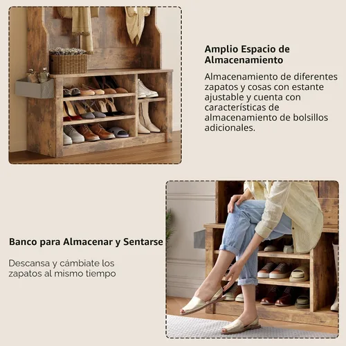 Vista 5 de Aiho Perchero de Entrada con Banco y Almacenamiento, Perchero de Pasillo 3 en 1 con Perchero para Abrigos, Banco de Zapatos Ajustable