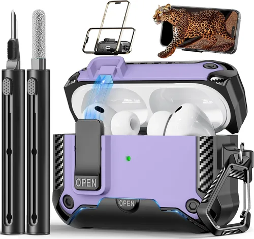 Vista 21 de Funda para AirPods Pro de 2ª Generación con Soporte para Teléfono, Protección Completa contra Caídas con Diseño de Interruptor Automático a Presión