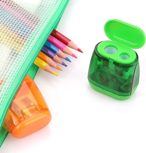 Vista 6 de Paquete de 4 sacapuntas manuales de doble agujero con tapa para niños, escuela, oficina, hogar (azul, verde, naranja, rosa)