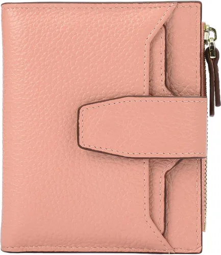 Vista 19 de Cartera de cuero con bloqueo RFID para mujer, pequeña, compacta, doble cremallera, con ventana para identificación