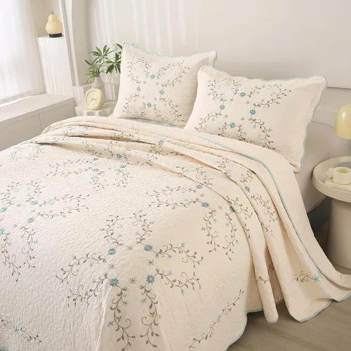 Vista 4 de vctops Elegante juego de edredón bordado floral, 100% algodón, reversible, acolchado, con borde festoneado, colcha suave y ligera con 2 fundas