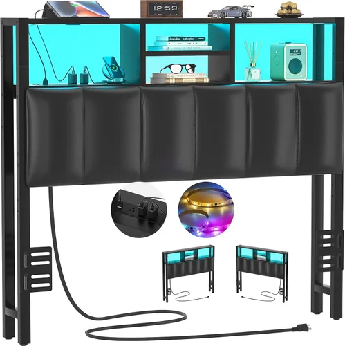 Vista 8 de Cabecero Aheaplus para Cama Individual con Almacenamiento, Cabeceros con Enchufes, Puertos USB y Luz LED, Cabecero Individual Solo, Altura