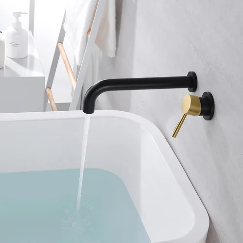 Vista 4 de SUMERAIN Grifo de bañera de montaje en pared Grifo de bañera de baño con boquilla de llenado de bañera larga, acabado negro y dorado, manija única