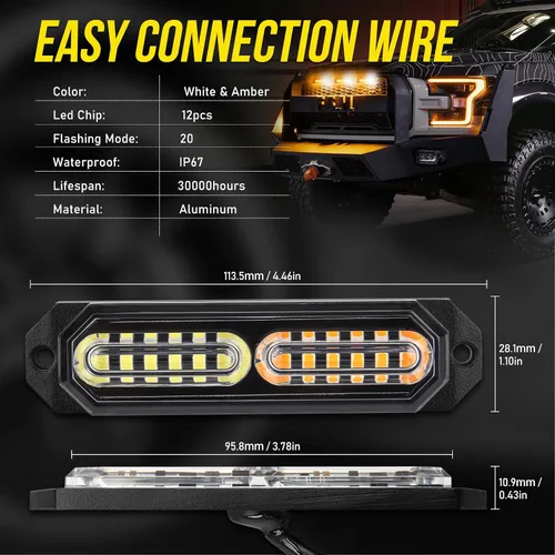 Vista 8 de Luces estroboscópicas de rejilla LED con interruptor de 9 teclas, 20 modos de parpadeo, montaje en superficie, barra de luz de emergencia mini de 12