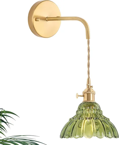 Vista 10 de Shenmoyl - Aplique de pared que funciona con pilas, lámparas de pared vintage recargables con pantalla de vidrio de lirio verde, lámpara de pared