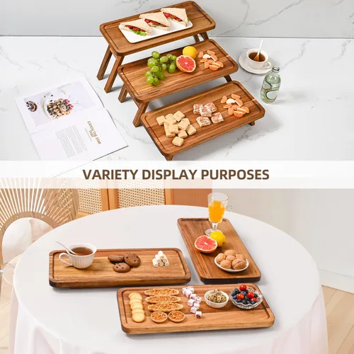 Vista 11 de GEHE Bandeja de servir de 3 niveles, bandeja escalonada de madera de acacia plegable, juego de exhibición de mesa de postre, decorada para tablas