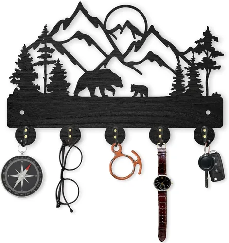 Vista 13 de MAYJOYDIY Perchero de pared de madera con 5 ganchos, diseño de ciervo de bosque negro, soporte para llaves y organizador para entrada, pasillo, sala