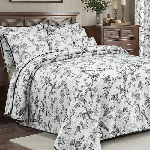 Vista 7 de EVENHUG Juego de edredón 100% algodón tamaño individual con estampado doble de pájaro negro, reversible, ligero, colcha, cubrecama con fundas