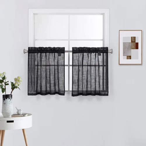 Vista 13 de Diamond Home Linens 2 paneles cortos con bolsillo para barra, filtrado de luz, de lino, texturizado, para ventanas pequeñas, 27 pulgadas de ancho x