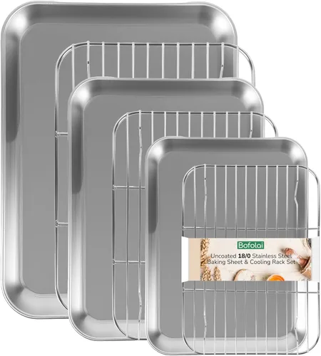 Vista 10 de Juego de 4 bandejas para hornear de acero inoxidable 18/0 con estante de enfriamiento, aptas para horno, no tóxicas, para hornear, sin revestimiento