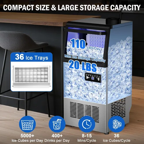 Vista 3 de 110 lbs Commercial Ice Maker Undercounter Built-in Freestanding Self-Clean Máquina de hielo, cubo de hielo, temporizador, ajustable, agua dual