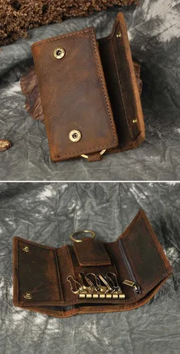 Vista 3 de Le'aokuu Funda de cuero genuino para llave de coche con gancho para monedas, billetera a presión