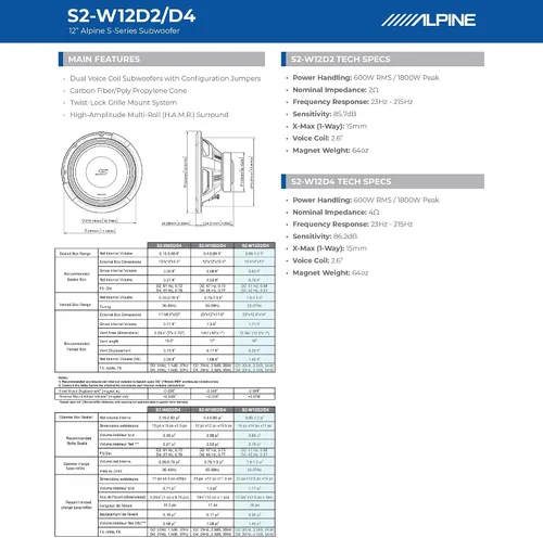 Vista 7 de Alpine S2-W12D2 - Subwoofer dual para automóvil de 2 ohmios de 12 pulgadas, 1800 W máximo, 600 W RMS