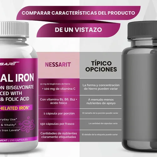 Vista 7 de Bisglicinato de hierro natural Nessarit 6 en 1 con vitamina C, 150 cápsulas