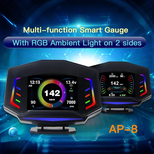 Vista 2 de AP-8 - Pantalla frontal para coche, sistema dual universal OBD2, modo GPS, medidor de pendiente HUD, medidor inteligente multifunción con luz