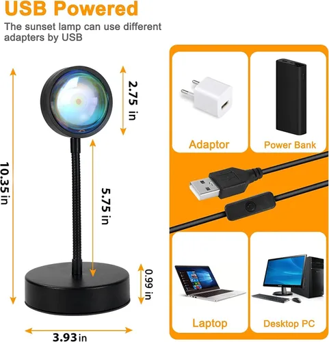 Vista 2 de JIMEI Lámpara de puesta de sol, proyector de luces LED para dormitorio, luz nocturna, luces RGB, luz solar, lámpara de amanecer, 10 W, rotación