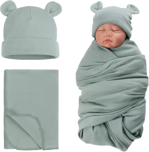 Vista 13 de PESAAT Conjunto de gorro de algodón para bebé, sombreros para recién nacidos, mantas de recepción para bebés niños y niñas Verde militar