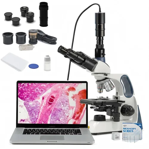 Vista 14 de Swift Microscopio trinocular compuesto SW350T, aumento 40X-2500X, cabeza de Siedentopf, etapa mecánica de dos capas, con cámara Swiftcam de 5