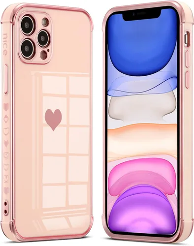 Vista 11 de DEFBSC Compatible con iPhone 12, funda de corazón con borde galvanizado, protección completa de la cámara, esquinas reforzadas elevadas, cubierta