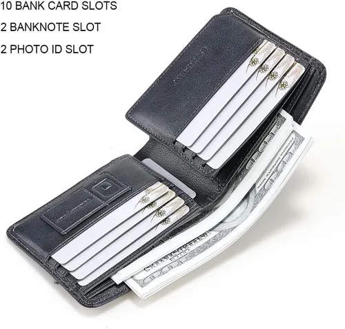 Vista 11 de Billetera de piel triple con bloqueo RFID para hombre con 2 ventanas de identificación, 2 compartimentos para efectivo, 6-8 ranuras para tarjetas