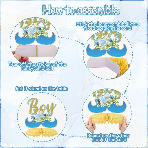 Vista 4 de Tarklanda 12 centros de mesa de nido de abeja para baby shower, decoración de fiesta para niños, diseño floral azul dorado con texto en inglés "It's