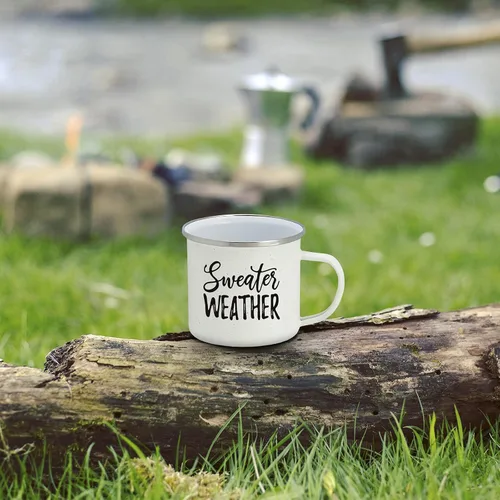 Vista 4 de HOME & HOOPLA Otoño esmalte camping taza de café suéter clima lata taza 15 onzas (blanco)