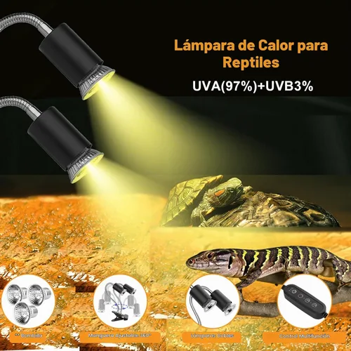 Vista 3 de Lámpara de calor para reptiles, lámpara de calefacción de doble cabeza para reptiles, lámpara de tortuga UVA/B con abrazadera, control separado, luz