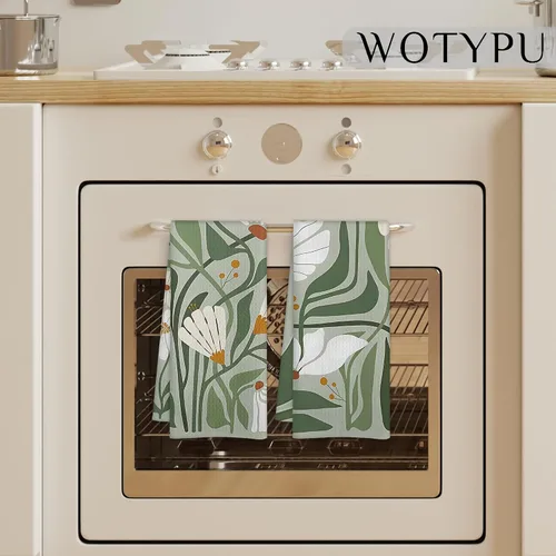 Vista 3 de Toallas de cocina abstractas bohemias, color verde salvia, diseño floral, estilo retro de los años 70, estilo botánico, moderno de mediados