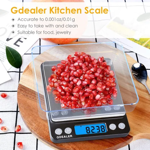 Vista 2 de GDEALER - Báscula digital de bolsillo para cocina 0.001oz/0.01g 500g, báscula compacta para joyería, tara, acero inoxidable, pantalla Negro
