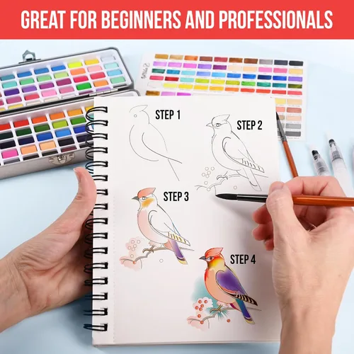 Vista 4 de Juego de pintura de acuarela premium con 100 colores brillantes y bloc de papel para principiantes y profesionales - Kit de pintura y suministros