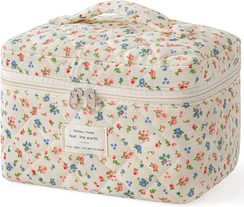 Vista 19 de HBselect Bolsa de Maquillaje Acolchada, Bolsa de Maquillaje Grande de Algodón para Viaje, Lindas Bolsas de Maquillaje con Flores Coquette, Bolsas