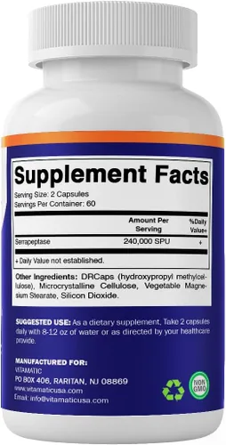 Vista 8 de Vitamatic Serrapeptase 240,000 SPU por porción, 120 cápsulas de liberación retardada - Recubrimiento entérico - Sin OGM - Fabricado en los Estados