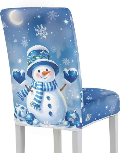 Vista 3 de HUGS IDEA Juego de 2 fundas para sillas de comedor con diseño de muñeco de nieve azul para silla Parsons, de elastano, lavables, antipolvo
