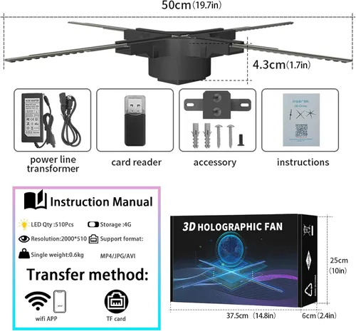 Vista 2 de Ventilador holográfico 3D, pantalla giratoria holográfica LED HD de 19.7 in (19.7 pulgadas), proyector holográfico de 4 hojas, medio transparente