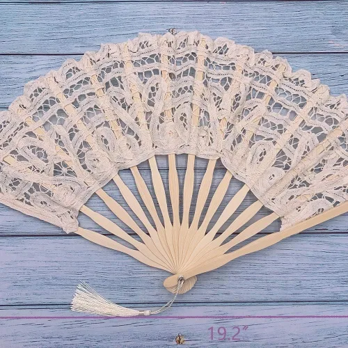 Vista 6 de Ventilador de mano plegable, abanico de encaje para mujer, elegante abanico de algodón hecho a mano, abanicos retro vintage con varillas de bambú