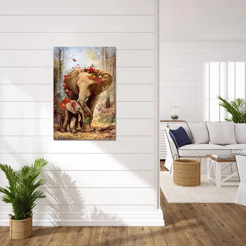Vista 2 de iHAPPYWALL Pintura vintage de elefante para mamá y bebé, arte de pared de animales salvajes, flores, bosque, paisaje, obra de arte para el hogar