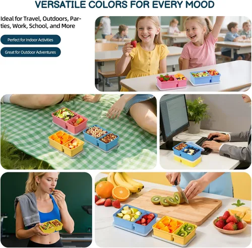 Vista 7 de Paquete de 3 recipientes de silicona con tapas, 12 onzas de doble compartimento reutilizable, caja Bento para niños, cajas de almacenamiento