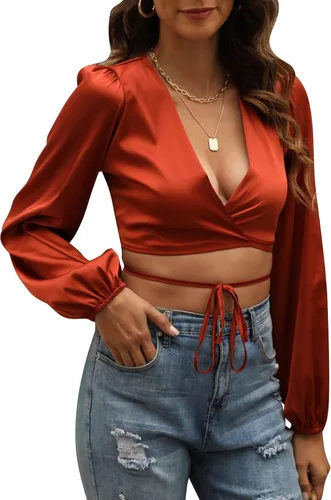 Vista 4 de LYANER Blusa corta de manga larga con cuello en V y lazo cruzado para mujer