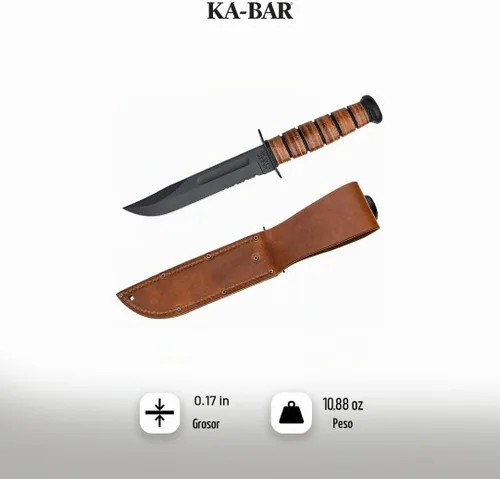 Vista 3 de KA-BAR 1218 USMC Cuchillo de combate de tamaño completo - Hoja dentada de 7" con funda de cuero