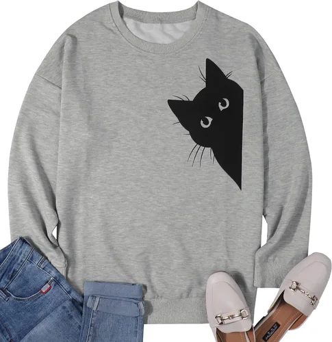 Vista 5 de FRYAID Sudadera con capucha ligera de manga larga con estampado de gato para mujer