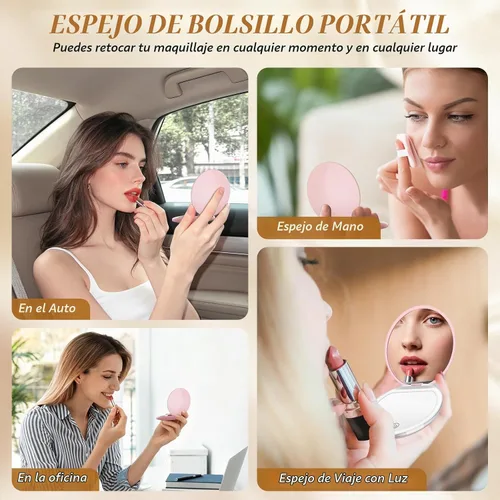 Vista 2 de Kakuje Espejo compacto con luz, espejo de bolsillo LED de aumento 1X/3X con cable de datos USB, mini espejo para bolso, bolsillo, viaje y regalo Rosa
